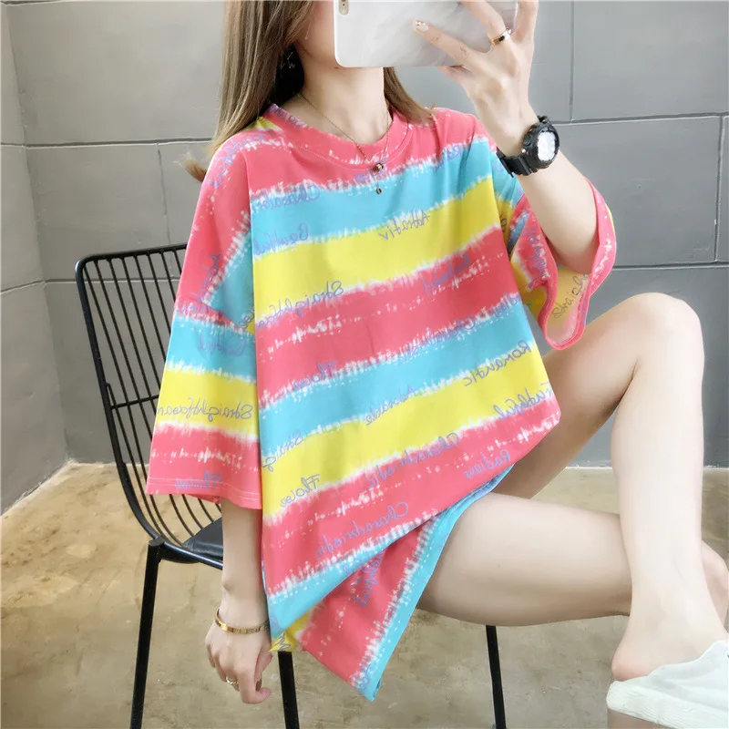 

2021 color stripe collision color summer new 2020 wide women's blouse women's short sleeve T-shirt round collar