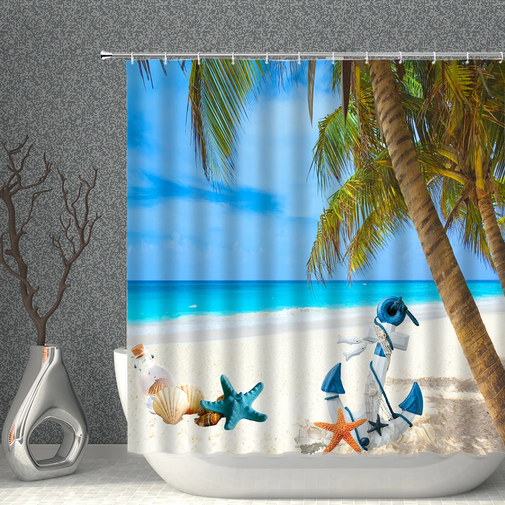 

Beach Shower Curtains Ocean Coconut Tree Plant Sunny Starfish Sea Anchor Bathroom Curtain Natural Scenery Decoration Bath Decor