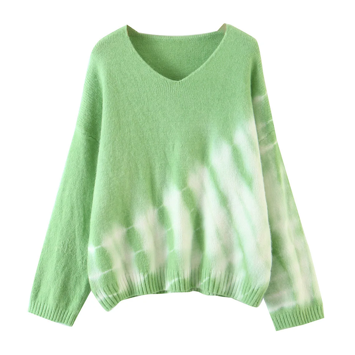 

Elegant Tie Dye Knitted Sweater Women Autumn Winter Streetwear Oversize Green White Pullovers Female Fashion Stretch Jumper 2021