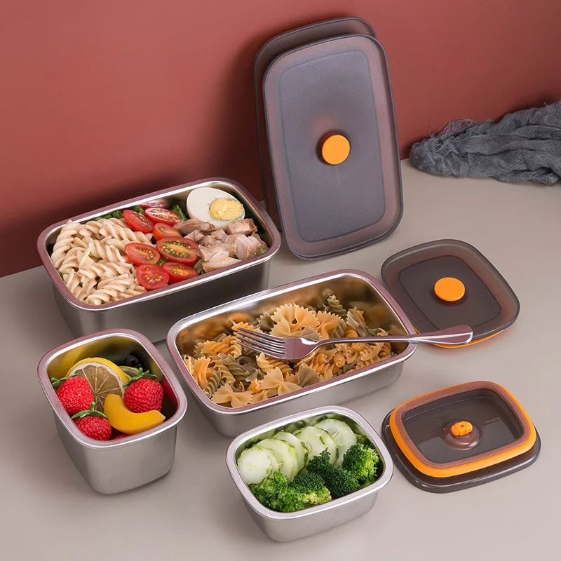 

Refrigerator Sealed Food Containers Storage Box Fruit Vegetable Fresh-Keeping Box Kitchen Stainless Steel Rectangular Organizer