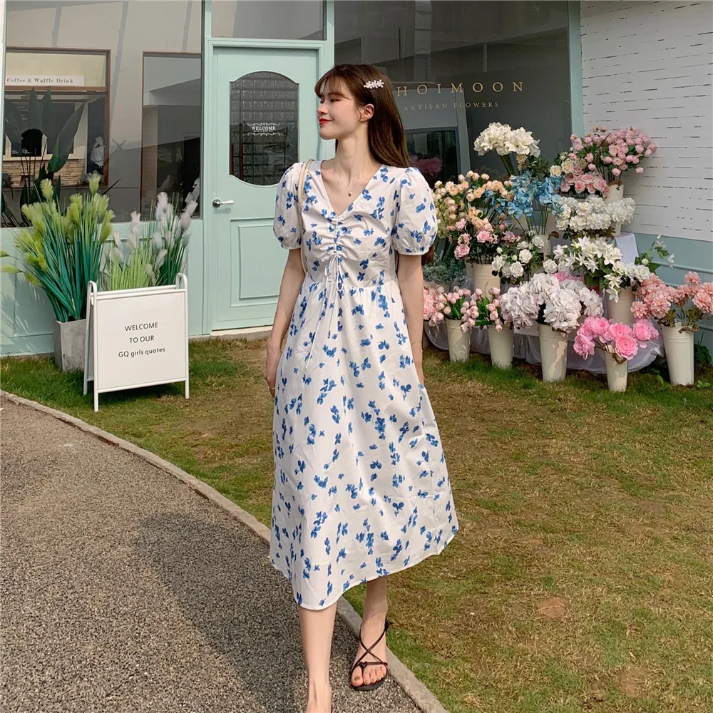 

Blue Women Korea Chic Summer Dress Printed Flower V-neck Dresses for Women Casual Mid Length Retro Temperament Dress Vestido