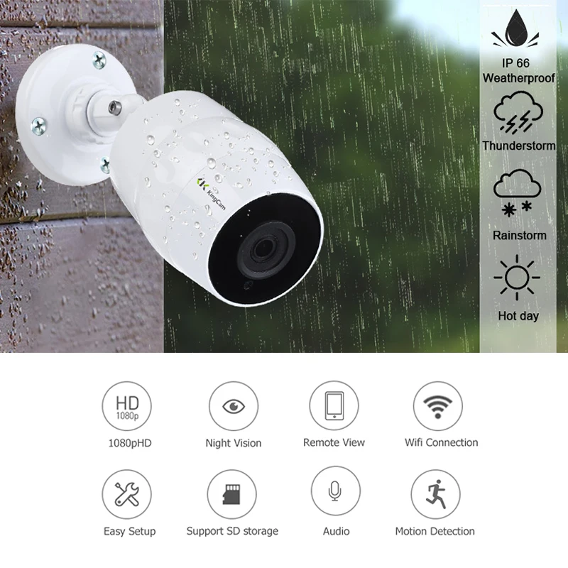 КингКэм 1080P HD WiFi система видеонаблюдения с камерами наружного исполнения 2CH/4CH, водонепроницаемыми, беспроводными, IP-видеокамерами.