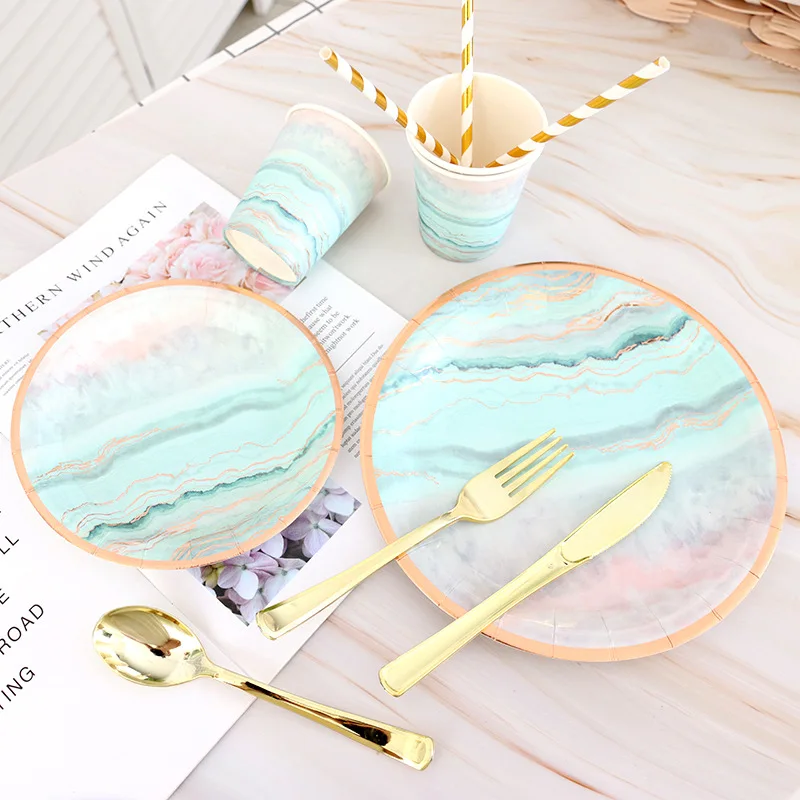 

Hot Bronzing Rock Texture Paper Plate Disposable Tableware Table Decoration Paper Cups Plates Straws Wedding Party Supplies