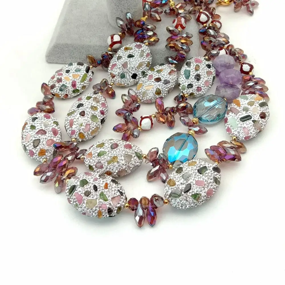 

21'' 3 Strands colorful top-drilled teardrop crystal Necklace cz Pave Tourmaline Beads connector vintage necklace for women