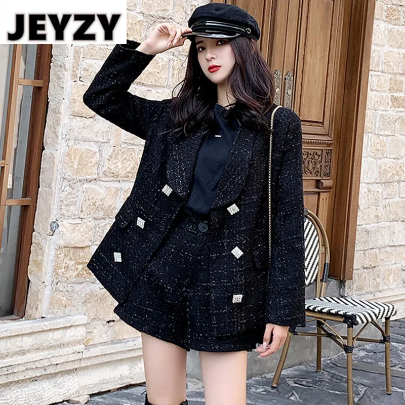 

Office Plaid Bright Silk Black Tweed Suit Women Diamonds Double Breasted Wool Blazer Jacket Coat + High-Waisted Wide-Leg Shorts