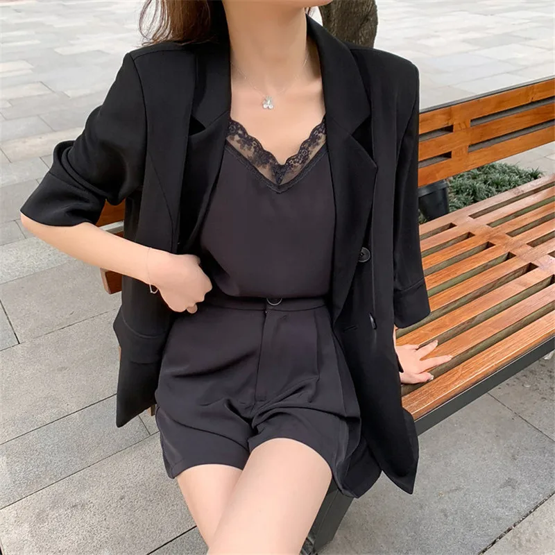 

2021 Summer New Fashion Women 3 Piece Suit Sleeveless Jacket Suspenders + Shorts + Jacket