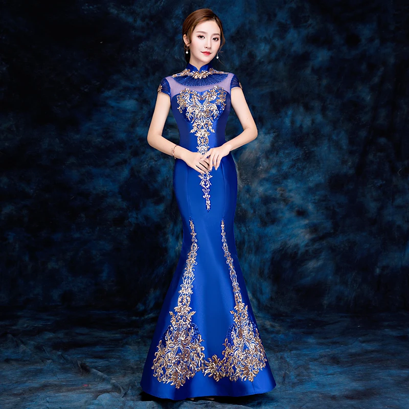 

Women Slim Qipao chinese style evening dress Royal Bling Bling Prom Party Dress Female Mermaid Full Length Cheongsam
