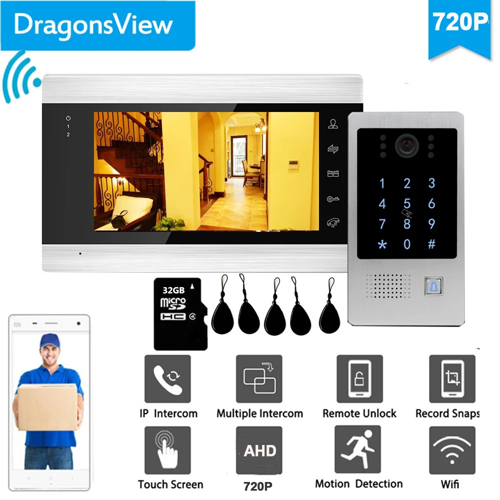 

Dragonsview 7 Inch Tuya APP Wireless Wifi Video Door Phone Intercom RFID Password Doorbell with Camere Unlock Day Night IR