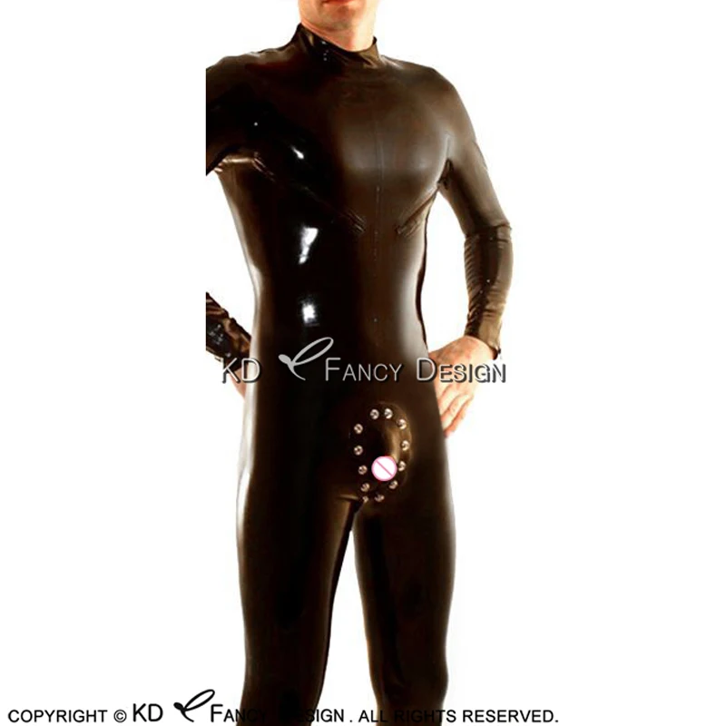 

Black Sexy Latex Catsuit With Codpiece Back Zipper Rubber Bodysuit Overall Zentai Body Suit LTY-0173