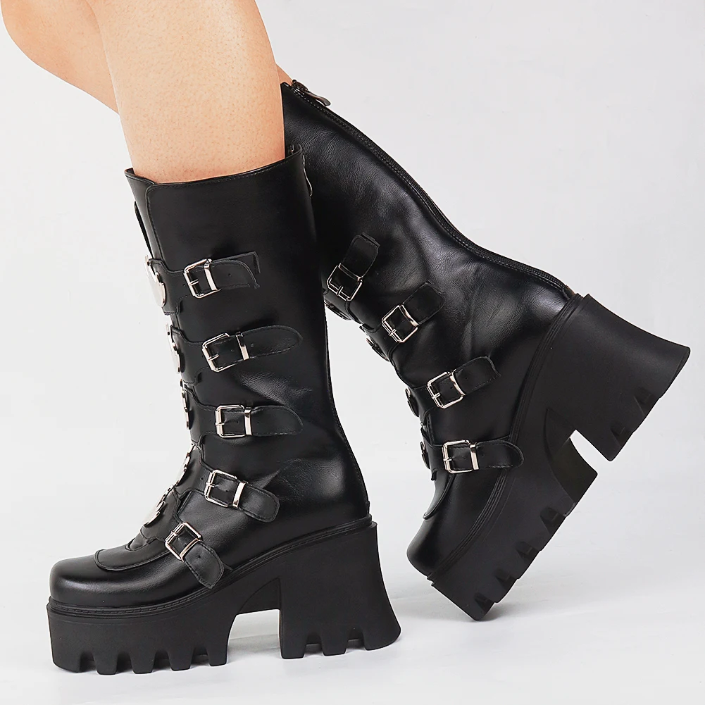 

2021 Spring Autumn New Fashion Black Mid Calf Boots Chunky Platform High Heels Big Size 43 Gothic Style Motorcycle Boots Demonia