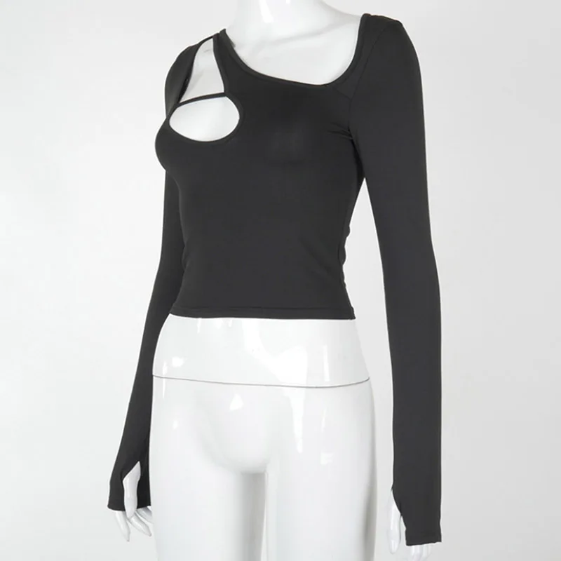 

2021 Women Hollow Out Crop Top Y2K Punk Tee Shirts Asymmetrical Gothic Streetwear Spring Sexy Skinny Club Clothes Top