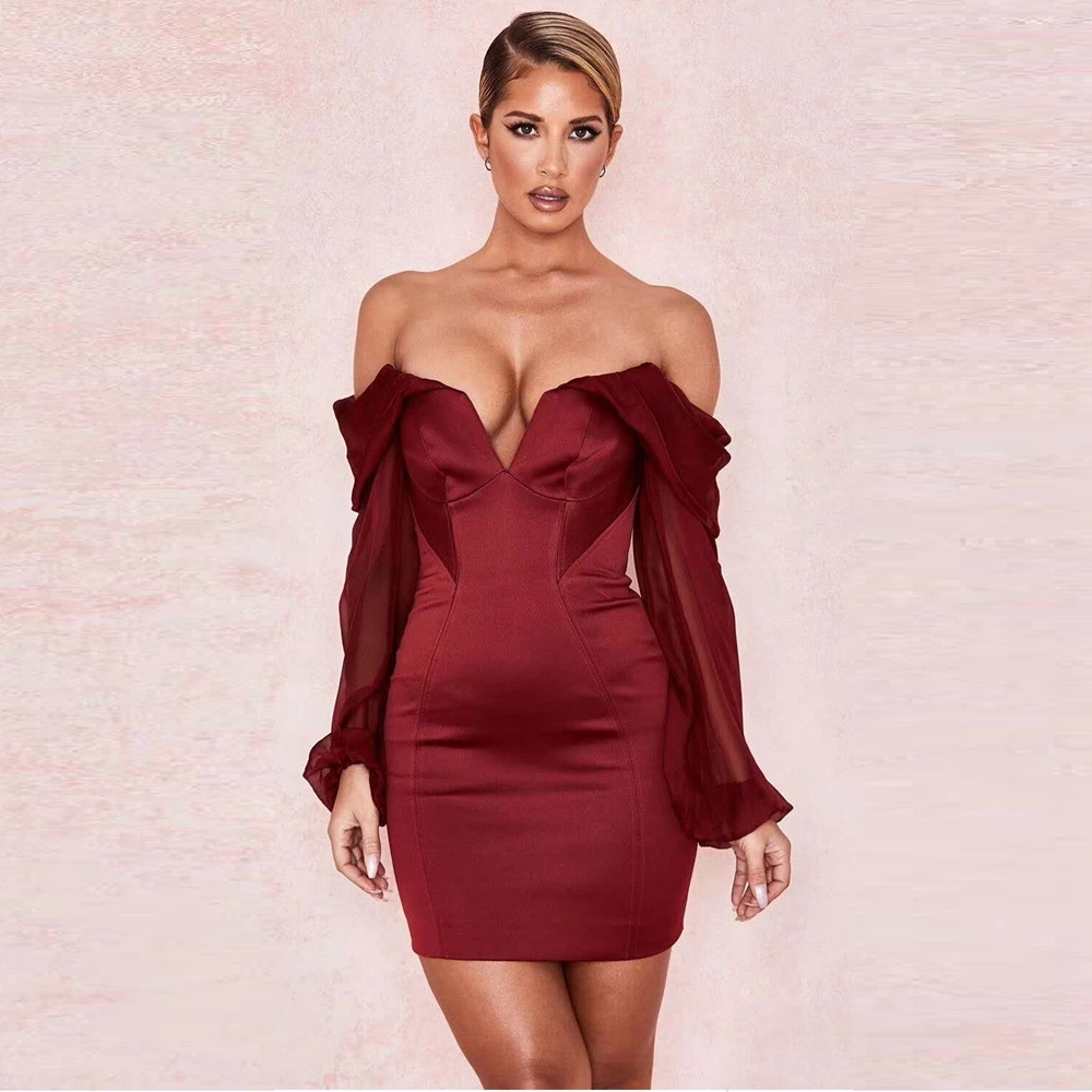 Новейшее Модное Элегантное винно-красное вечерние платье с длинным рукавом и