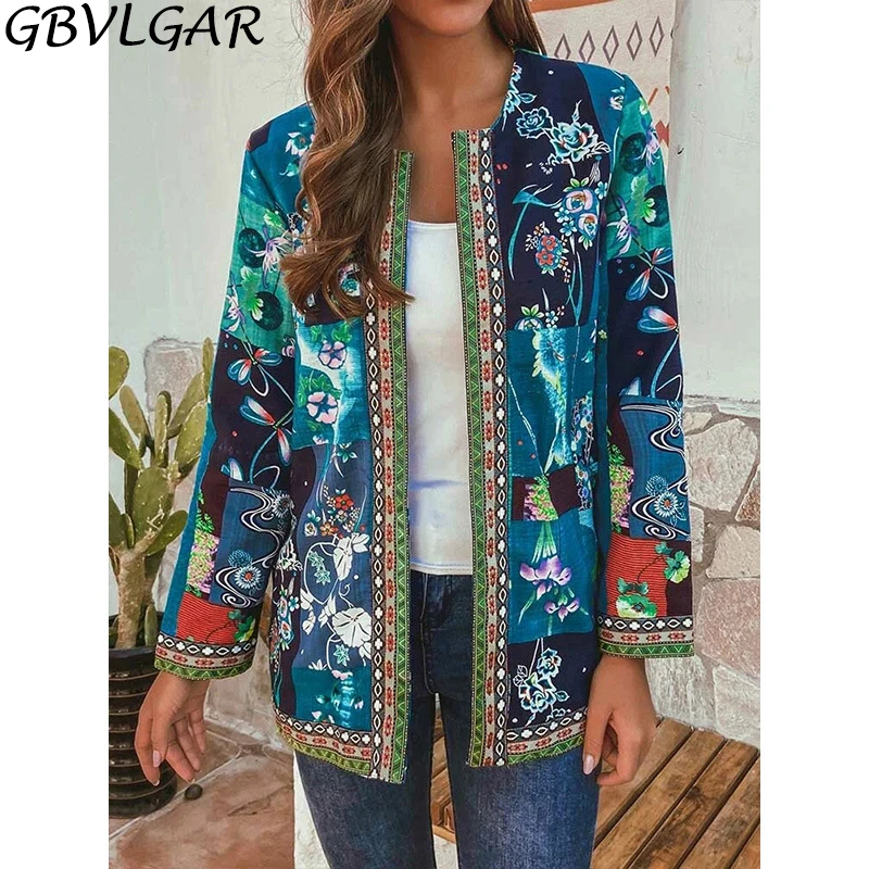 

Женская Повседневная куртка размера плюс, весенне-осенняя Свободная куртка с длинным рукавом и этническим цветочным принтом, кардиган, сво...