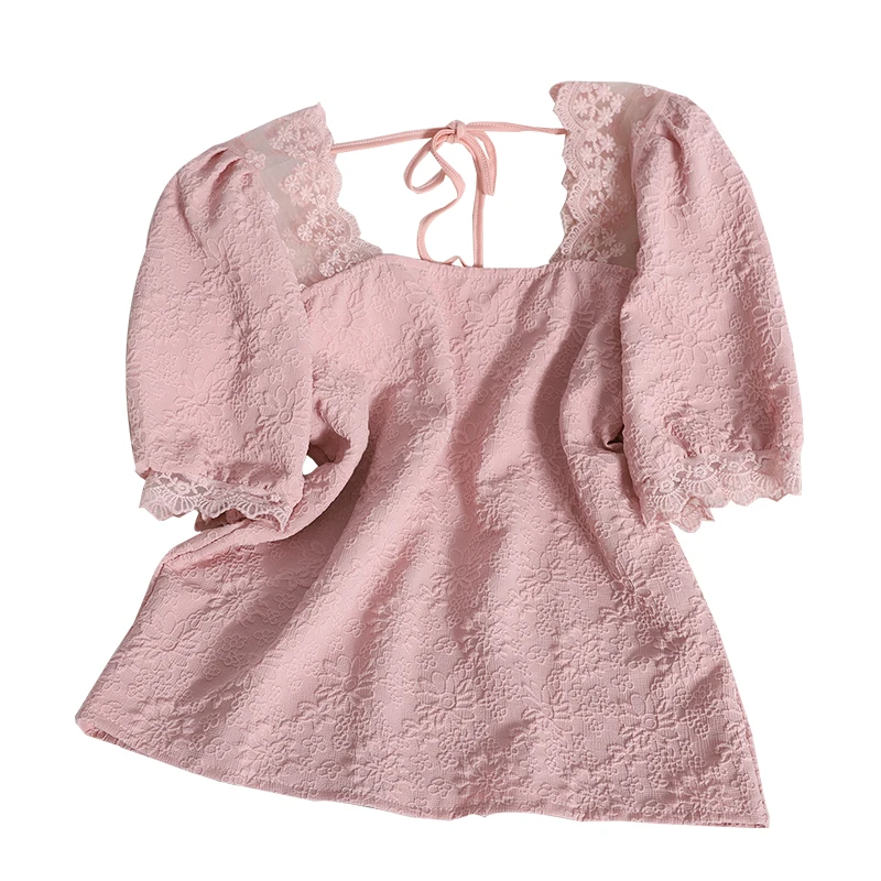 

Stitching lace square neck bubble short-sleeved tie shirt Tops for womens summer new vintage cute crimped pattern top women tops