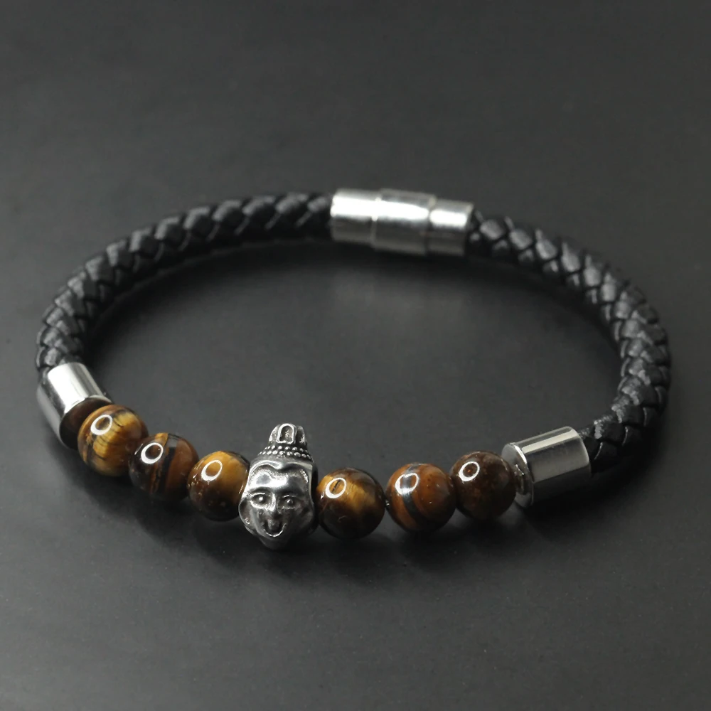 Мужской кожаный браслет с черепом из натурального камня нержавеющей стали