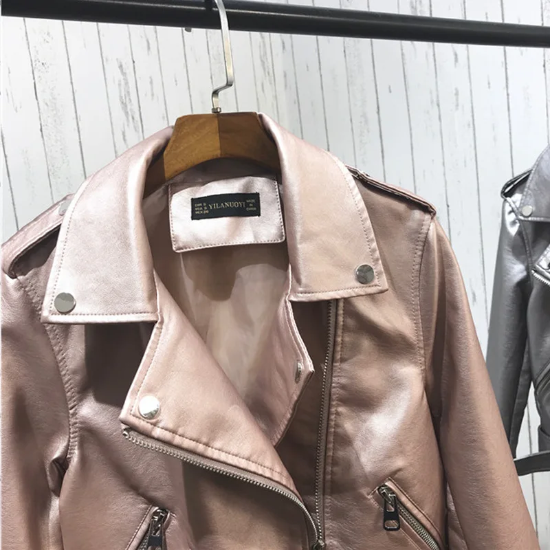 

Silver Leather Jacket Women 2021 Metallic Motorcycle Short Jackets Lapel Zipper Biker Coat Soft Ladies Punk Streetwear