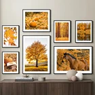 Осенний пейзаж, лес, озеро, листья, тыква, настенная живопись, скандинавские плакаты и принты, настенные картины для декора гостиной