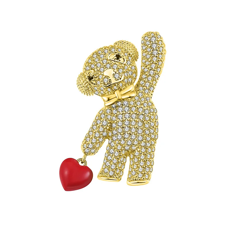 Lovely Bear Crystal Brooches for Women Sweet Teddy Holding Red Heart Enamel Pins Gold Bowknot Brooch Vintage Animal Jewelry - Окраска металла: gold