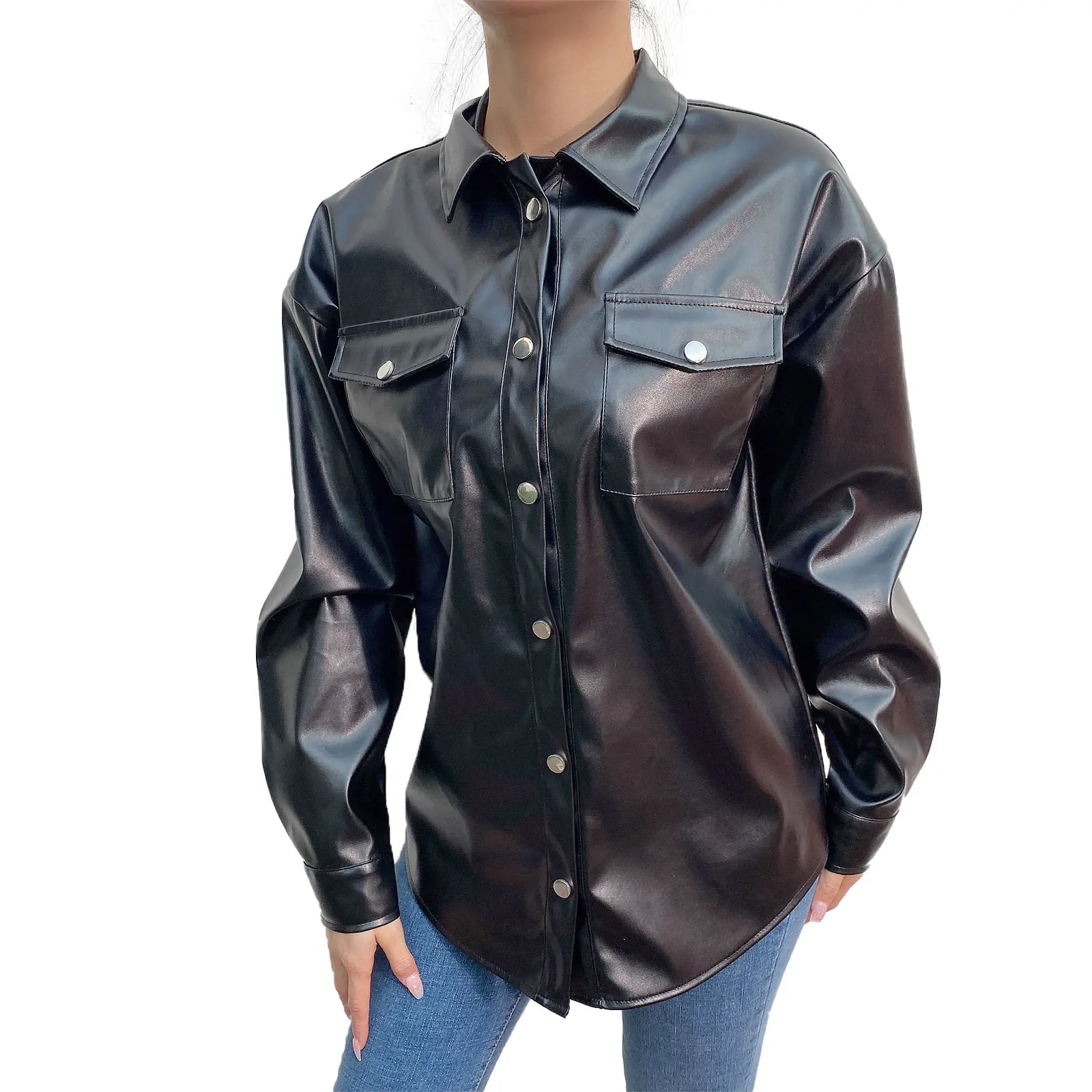 

IMCUTE PU Leather Jacket Women Retro Fashion Black Leather Jacket Fall Lapel Long Sleeve Button Coat Street Slim Motorcycle Top
