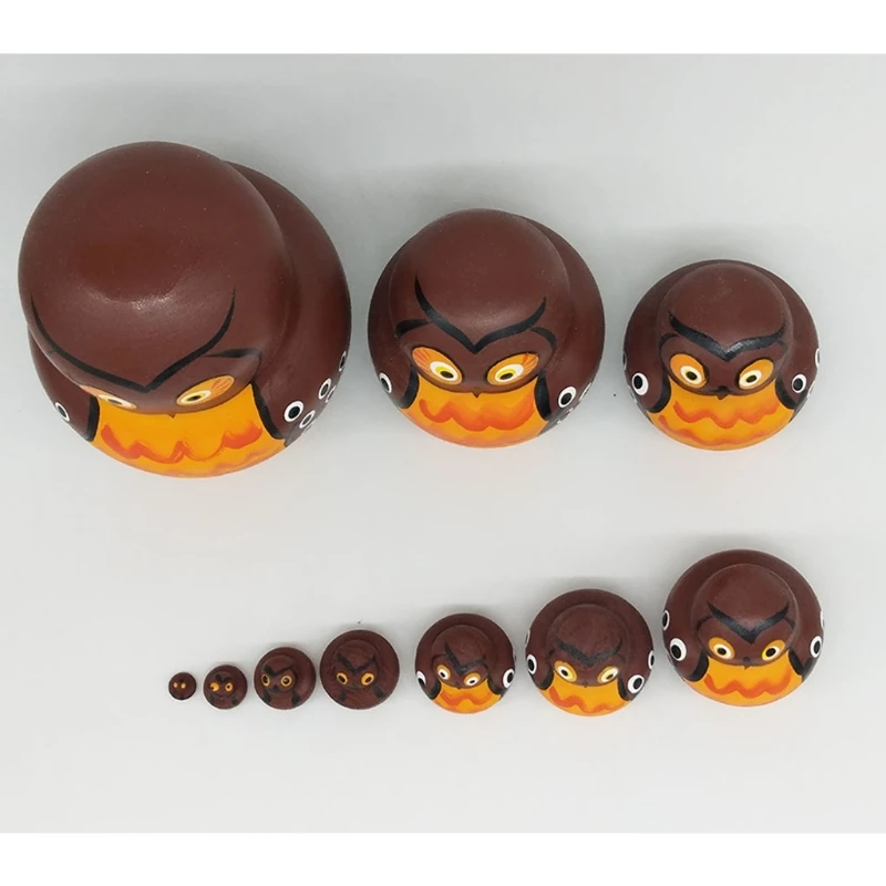 

10pcs Cute Cartoon Big Belly Shape Brown Owl Wooden Russia Nesting Dolls Matryoshka for Kids Children Birthday Gift Home Decorat