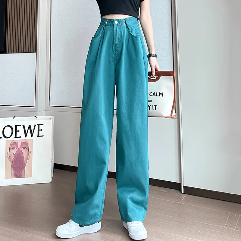 

Женские прямые джинсы, летние Шикарные Длинные джинсы с высокой талией, 2021 синие джинсовые брюки в уличном стиле, размера плюс