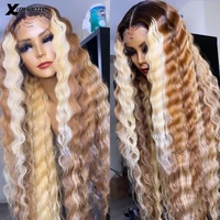 deep wave highlight honey blonde colored human hair wigs for black women lace front wig glueless 613 ombre hd transparent wigs