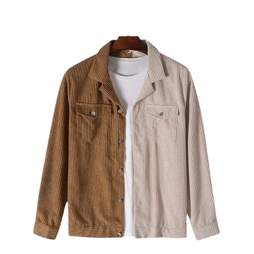 2021 Men Color Block Shirts Tops Corduroy Long Sleeve Casual Jackets Shirts Japanese Lapel Shirts Chest Pockets Black White