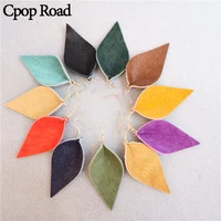 cpop new solid color genuine leather feather earrings elegant leaf pendant dangle earring fashion jewelry women accessories gift