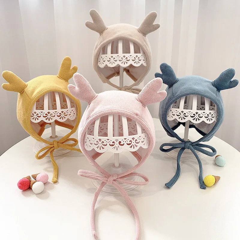 

Шапка-капюшон для новорожденных 0-12 месяцев, теплый хлопковый головной убор с оленьими рогами, зимняя шапка для новорожденных, осень