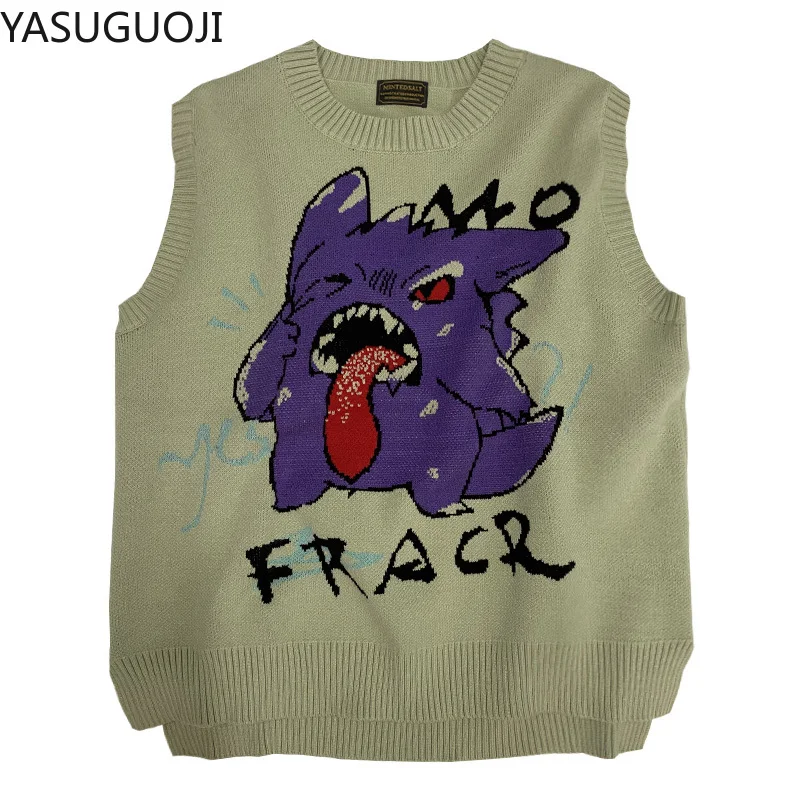 YASUGUOJI New 2021 Spring Hip Pop Cartoon Print Mens Sweater Vest High Street Loose Sleeveless Man Clothes | Мужская одежда