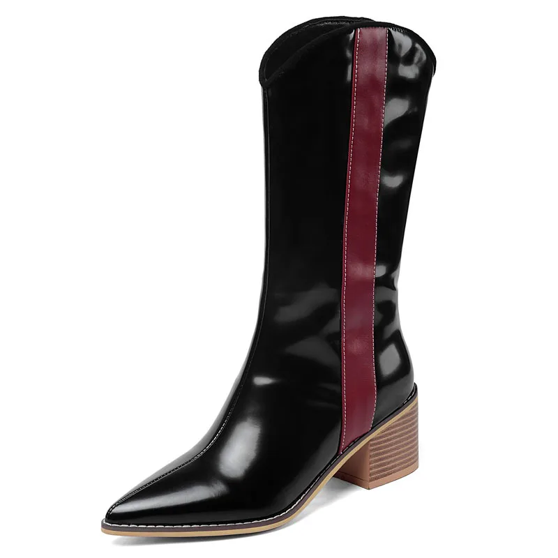 

New style wood grain thick heel, high heel, color contrast middle sleeve boots, casual and versatile boots