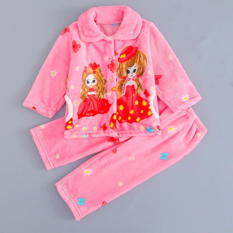 Pink Girls Pajamas Теплая зимняя Пижама; Фланелевая Пижама для детей; комплект для маленьких мальчиков и девочек; детские пижамы с рисунком; пижамы для младенцев - Цвет: Pink Girls Pajamas