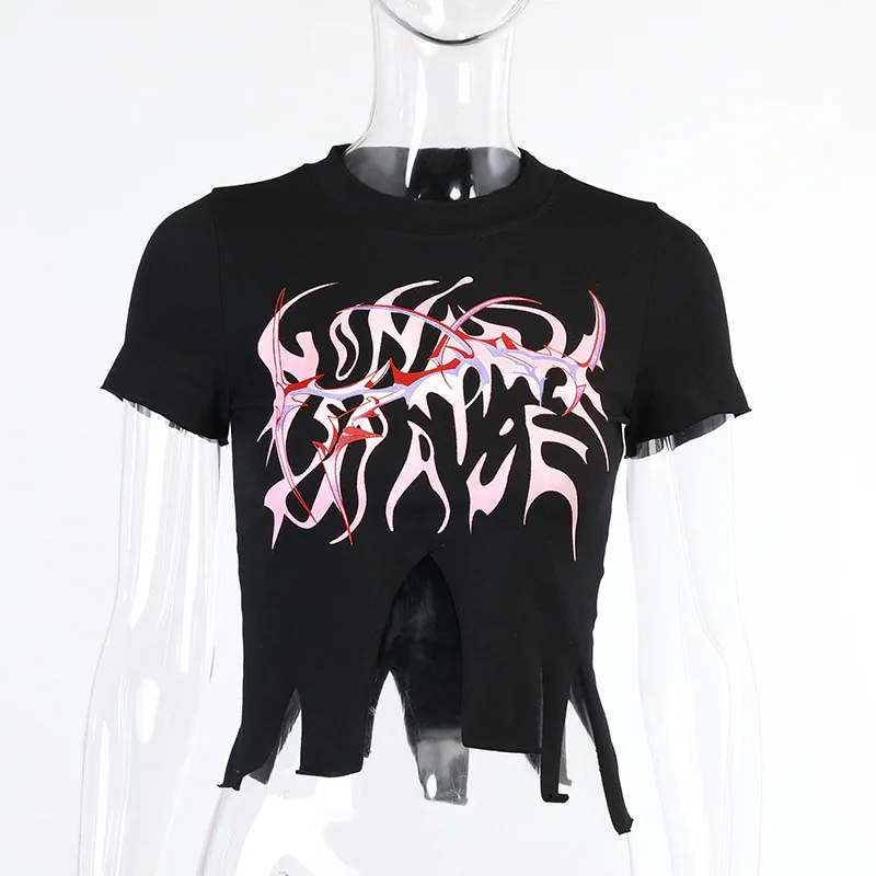 

FSNFOX Gothic Grunge irregular short-sleeved T-shirts Sexy umbilical Y2K O Neck T-shirt 2021 Summer Harajuku Streetwear Crop Top