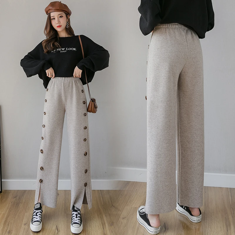 Женские вязаные широкие брюки REALEFT повседневные свободные с пуговицами в стиле