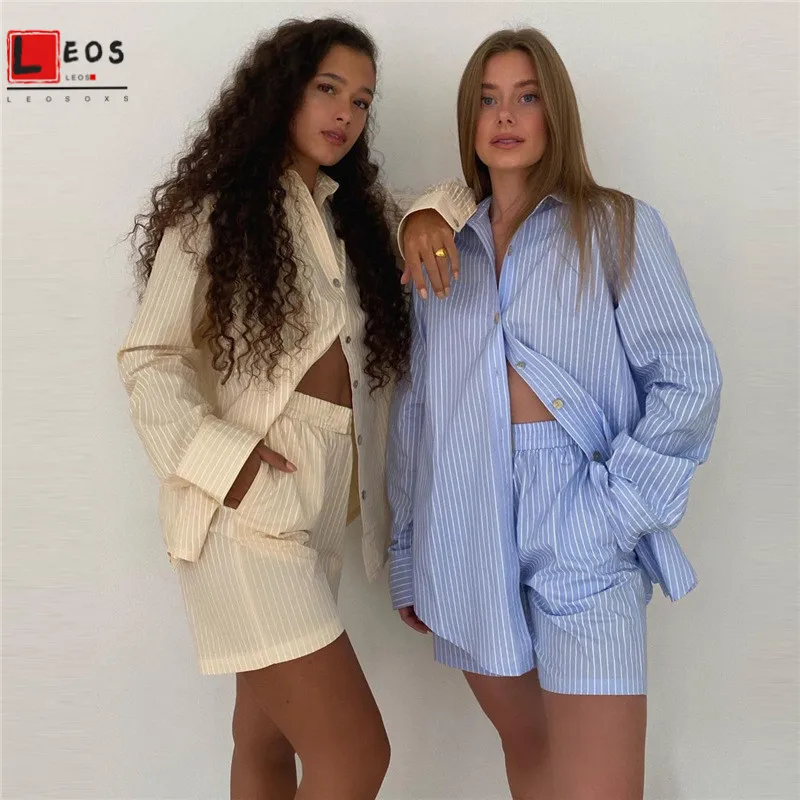 

Female Casual Shirts Sets Stripe Loung Wear Loose Long Sleeve Shirt Tops Mini Shorts 2Pcs Set Women Blouse Tracksuit Outfits