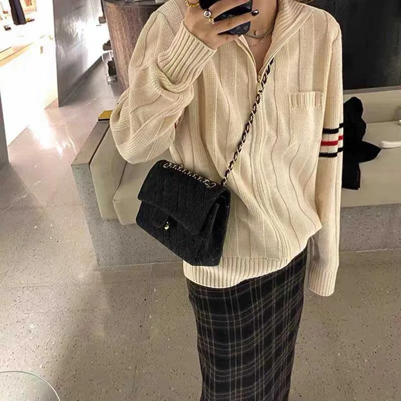 

Fashion Thick Turn Down Collar Zipper Pullover Sweaters Women Loose Long Sleeve Female Solid Knitting Jumpers Autumn Y805