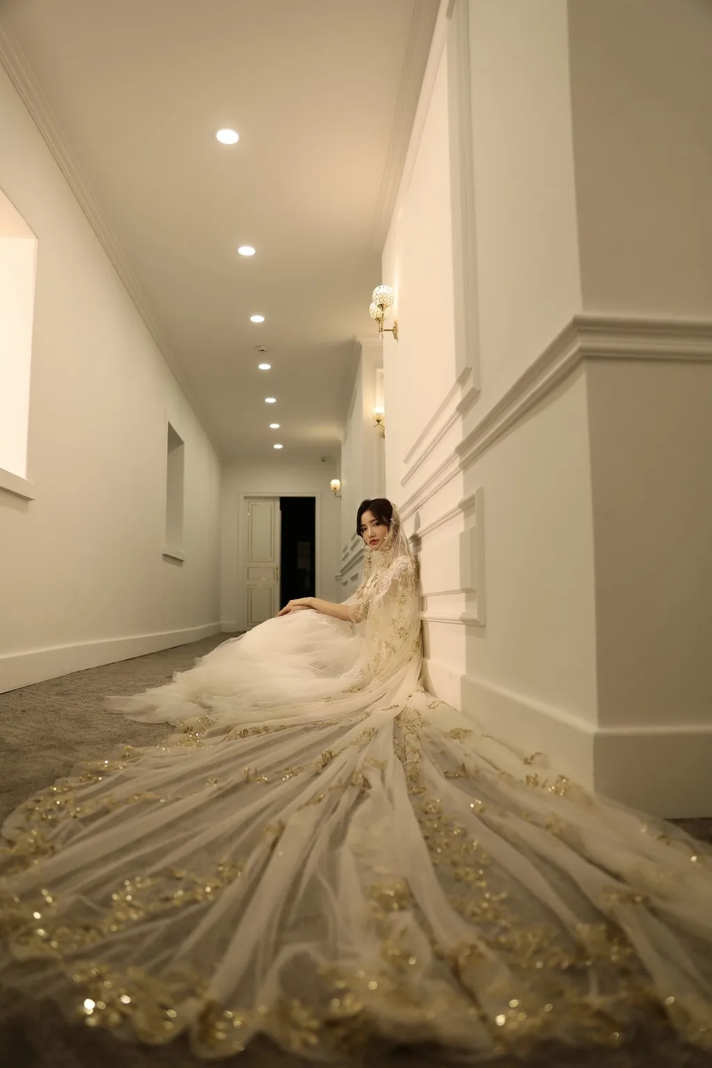 

2021 New Women's Long Sequin Lace Gold Lace Sequins Bridal Wedding Bridal Veil With Comb 3.5 Merters Long 1 Tire Champange Veils