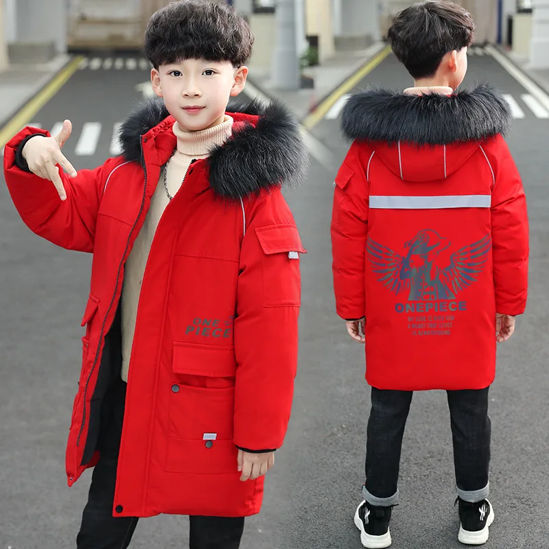 

Kids Coat Teen Boy Thickened Warm Clothes Children Winter Coat Wind Proof Long Style Black Red Hooded Boys Outerwear 7 9 11 13Y