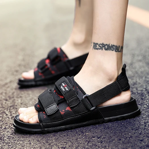 black red Кроссовки без шнуровки; красивые пляжные шлепанцы без задника; большие размеры 45; большие размеры 46; Повседневная Уличная Мужская обувь из сетчатого материала; летние спортивные черные сандалии; шлепанцы - Цвет: black red