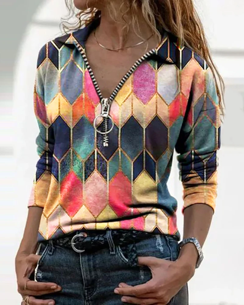 

Blouse Women 2021 Women Casual Spring Turn-down Collar Zipper Design Print Blouse Long Sleeve Casual V Neck Plus Size S-5XL