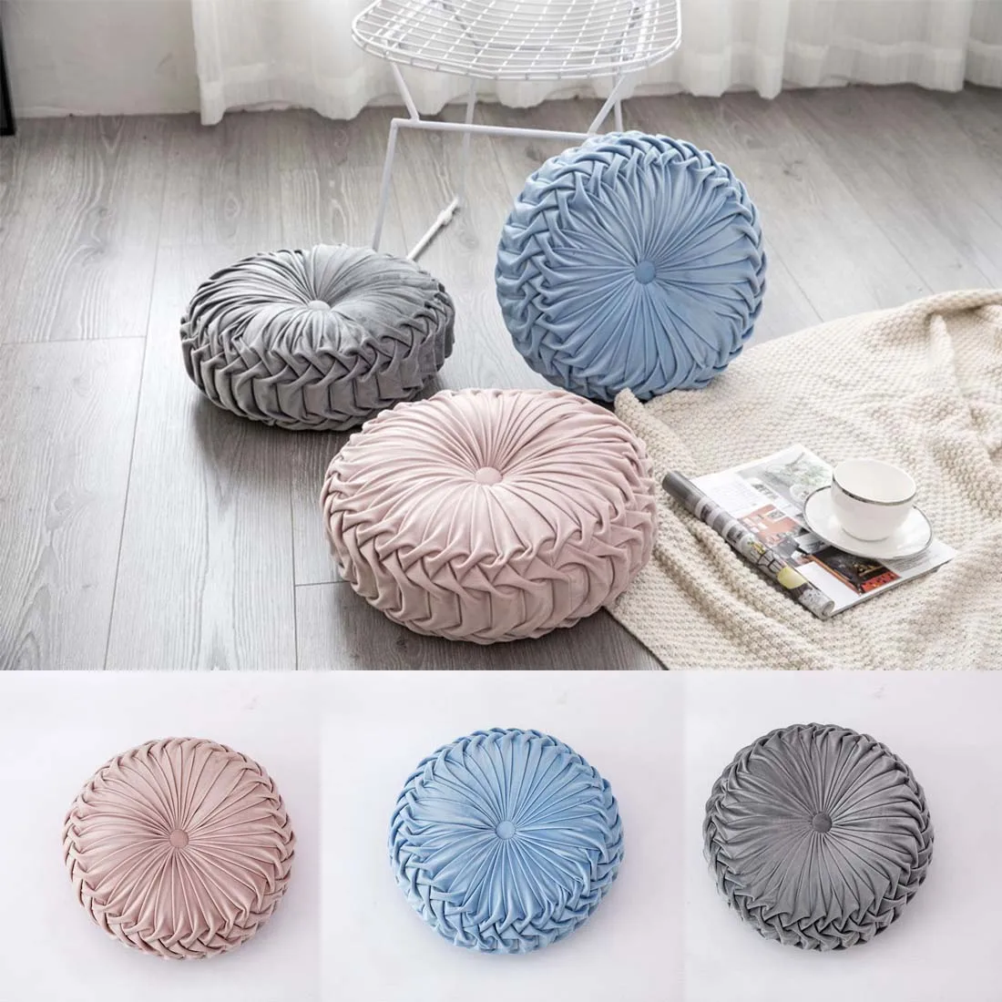 

Pillow Nordic Round Pillow Pregnancy Back Seat Cushion Velvet Cattail Hassock Pillows Manual Wheel Futon Floor Pouf 38*38*10cm
