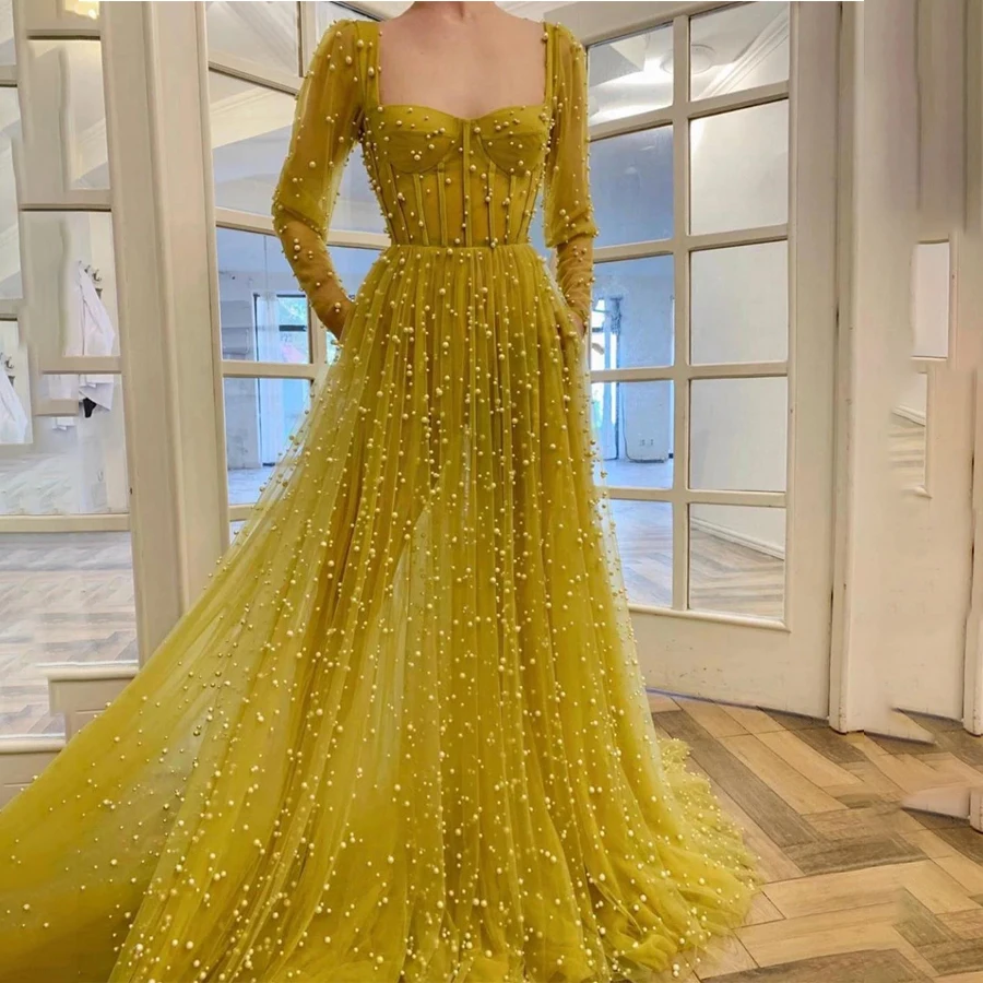 

Sweetheart Neckline Hang Up Long Sleeves Yellow Prom Dress with Pocket See Through Pearls Evening Dress