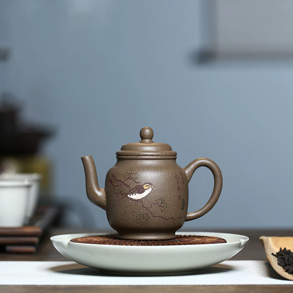 

Yixing Purple Clay Teapot Raw ore blue gray section Handmade clay painted cranes High light pot Kung Fu teapot capacity 140ml