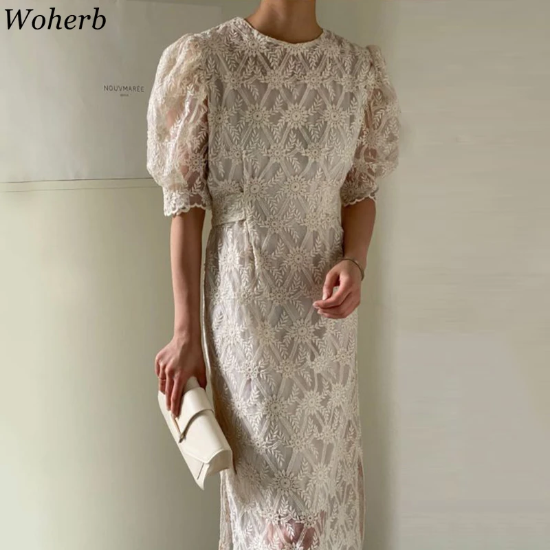 Женское кружевное платье Woherb элегантное с высокой талией облегающее пышными