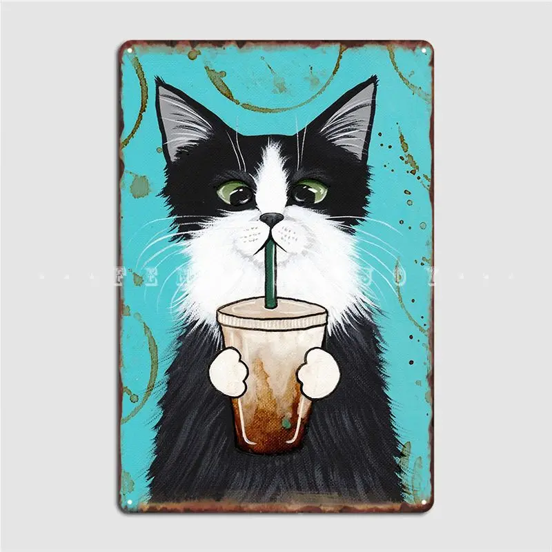 

Постер в виде кошки с ледяным кофе, металлический плакат на стену клуба, бара, декор на стену, паб, дизайнерский оловянный плакат