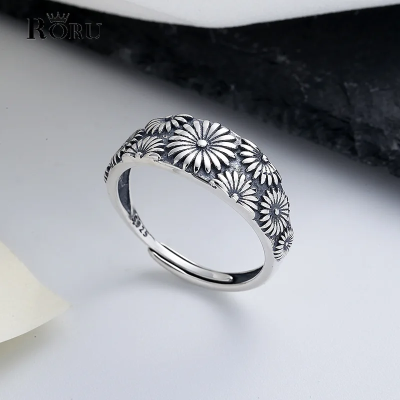

Retro S925 Silver Flower Ring Adjustable Rings for Women Party Anniversary Retro Jewelry Accessories Korean Punk Style 2021