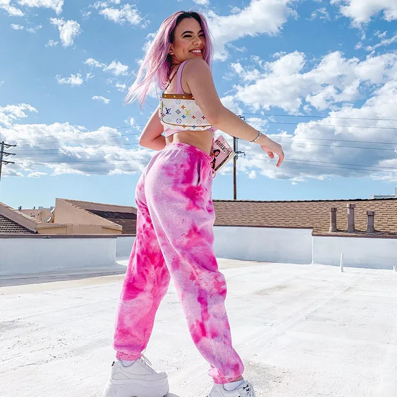 Harajuku Red Tie Dye Sweatpants Joggers Women Casual Solid Color Loose Sweat Trousers Streetwear Elastic High Waist Harem Pants