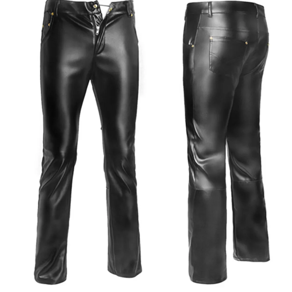 Тонкий Для мужчин кожаные брюки мужские обтягивающие мотоботы в стиле панк Штаны