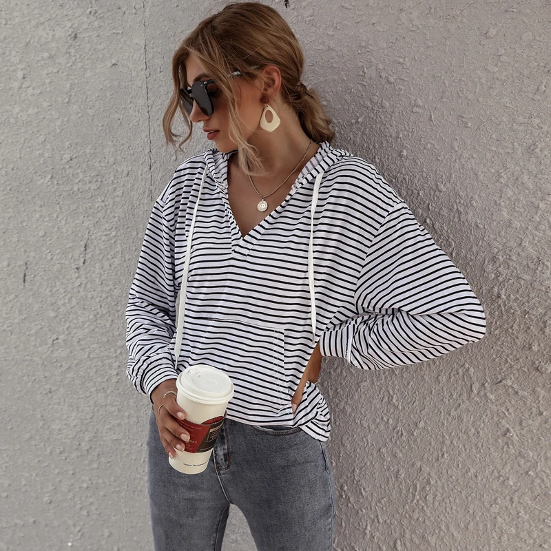 

Striped Top Hoodies Oversize Sweatshirt V-neck Women Top Pullover Hoody Female Spring Autumn Hoodies Full Sleeve Loose Sweater