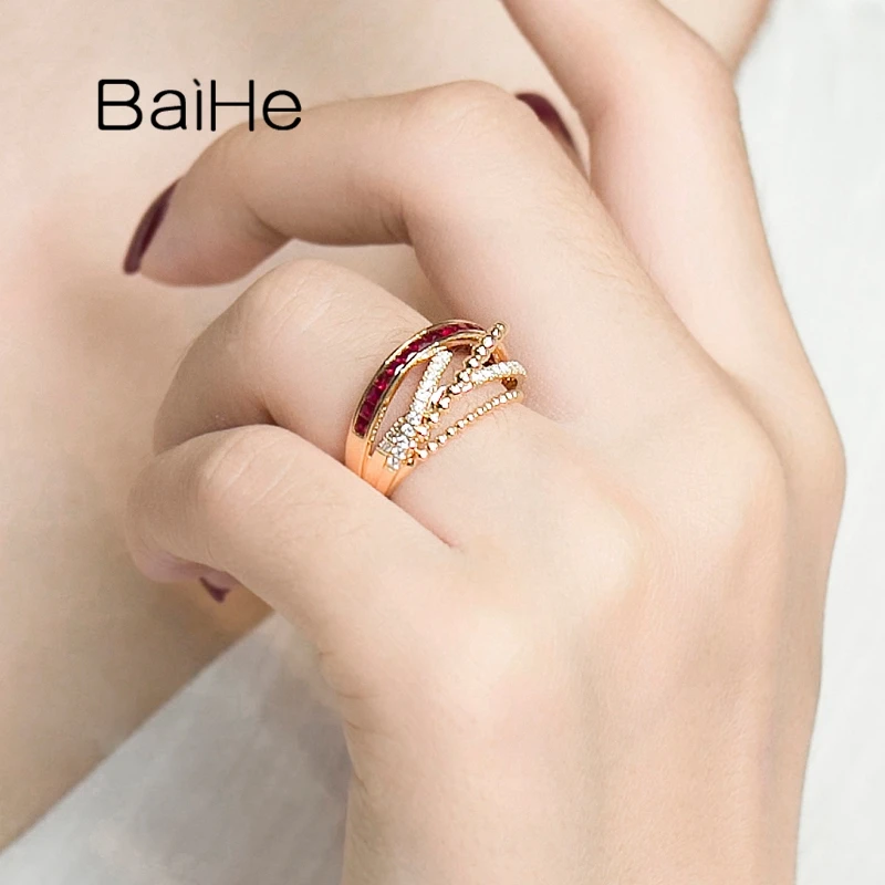 BAIHE однотонное 14K желтое золото 0.70ct квадратный огранка натуральный рубин 0.20ct